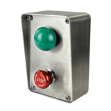 Stainless Steel Press to Exit Green Dome and Emergency Stop Surface Mount Box (no text)