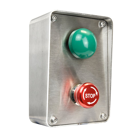 Stainless Steel Press to Exit Green Dome and Emergency Stop Surface Mount Box (no text)
